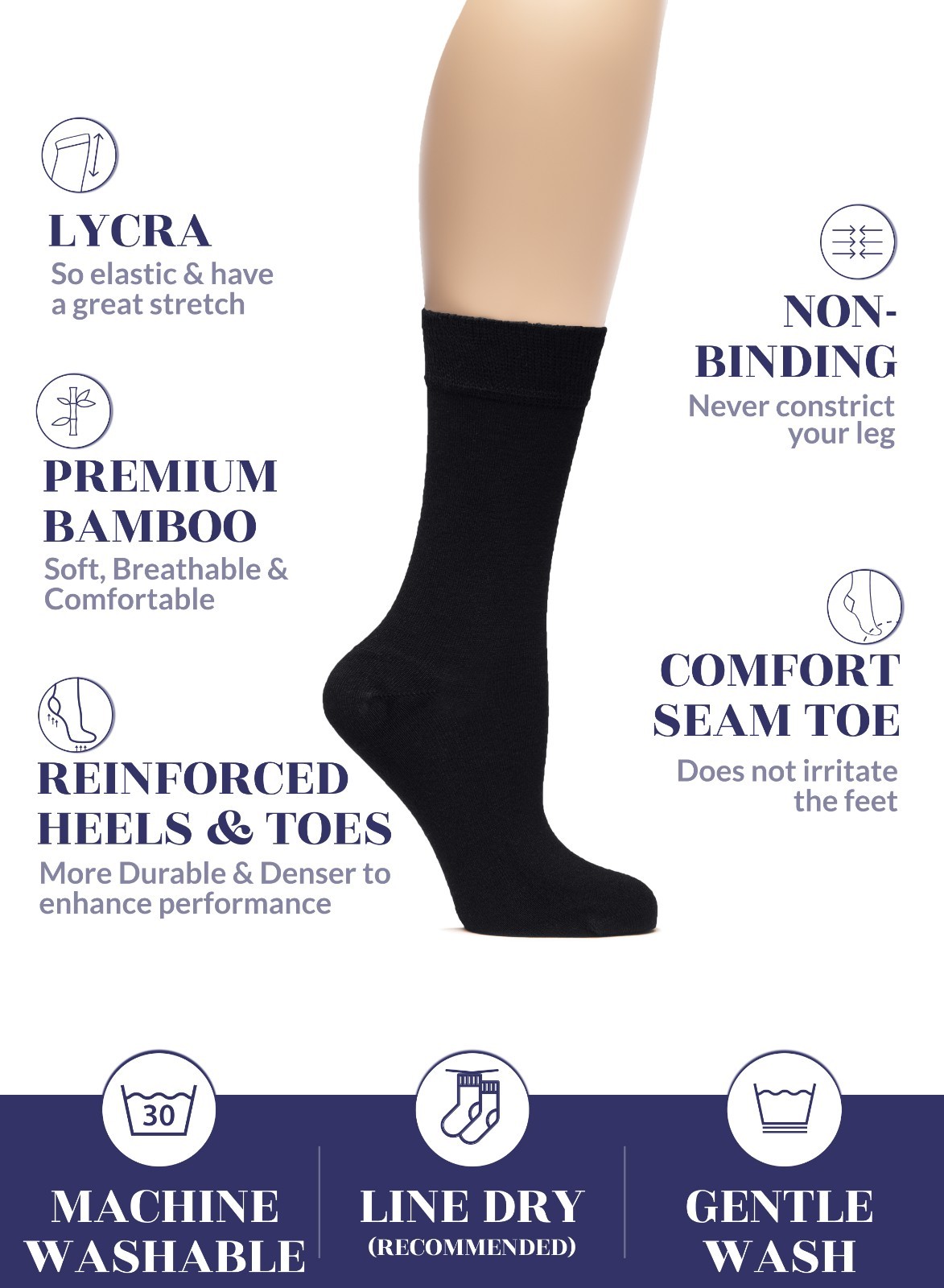 Womens Crew Bamboo Dress Socks, Business Trouser Casual, 6 Pairs, by Hugh Ugoli