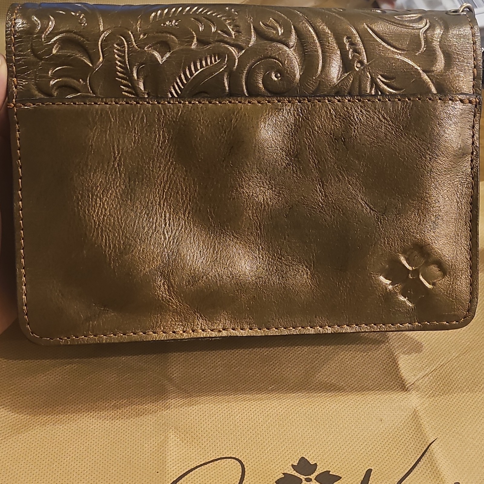 Patricia Nash Gold Floral Embossed Crossbody Bag Zip/Push Lock, Dust Bag