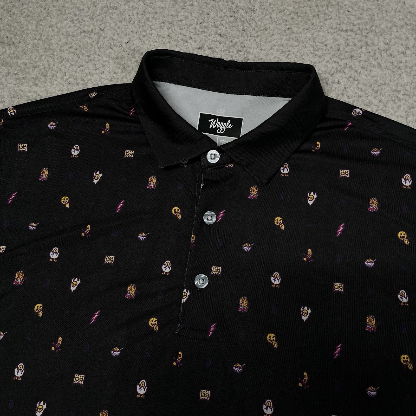 Waggle Polo Shirt Mens L Black All Over Print Performance Golf Stretch AOP