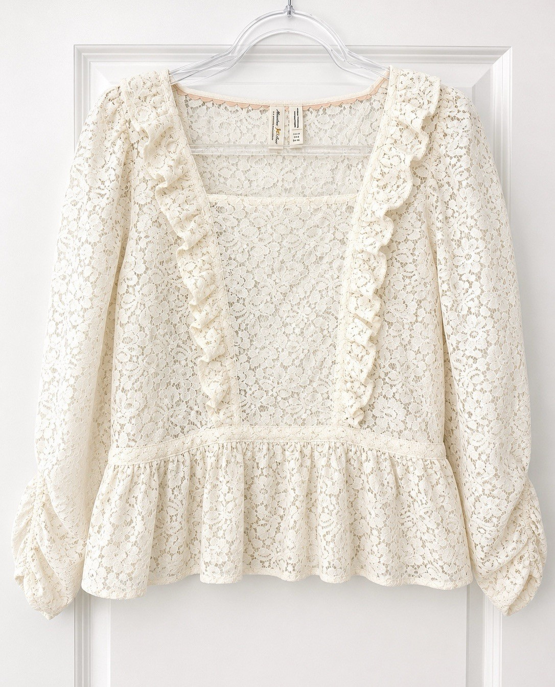 Meadow Rue by Anthropologie Womens 8 Ivory Floral Lace Ruffle Zip Blouse