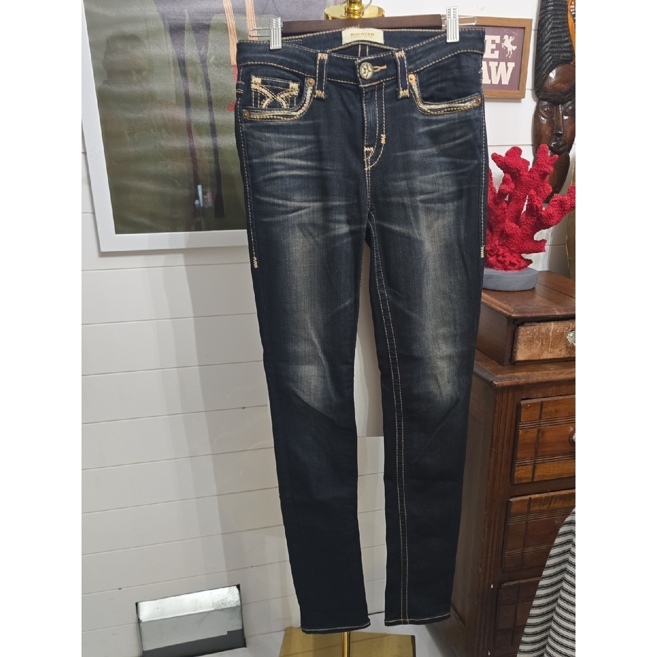 Big Star Dark Blue Denim Jeans with Tan Stitching Maddie Skinny 26
