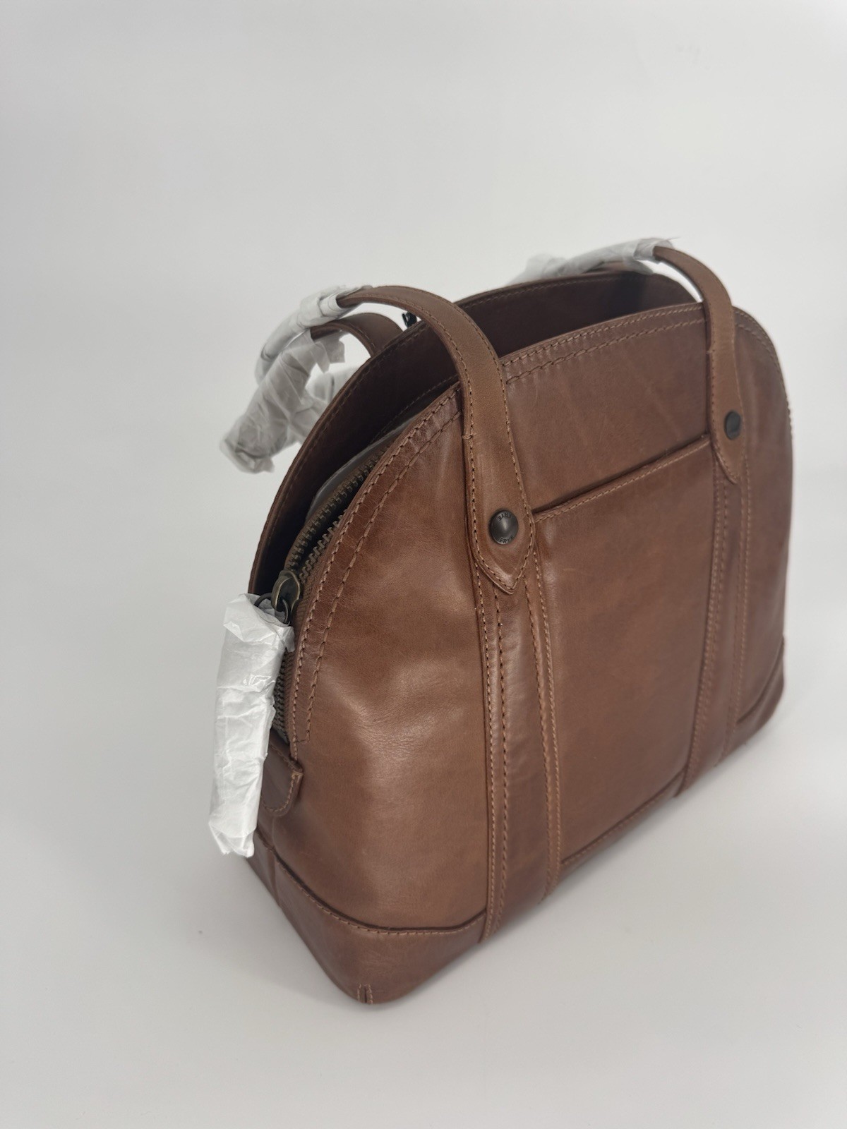 FRYE Melissa Leather Domed Satchel in Cognac Double Top Handles