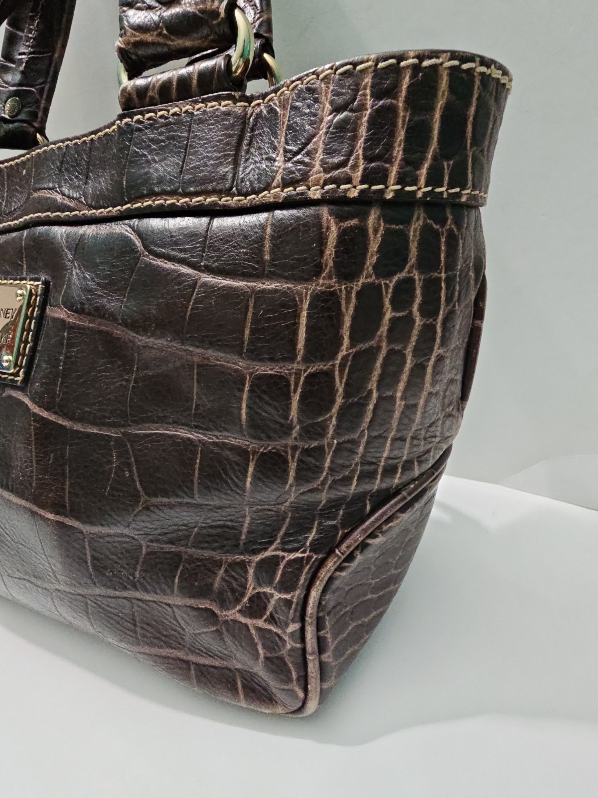 Dooney & Bourke Brown Croc Embossed Leather Mini East West Handle Tote