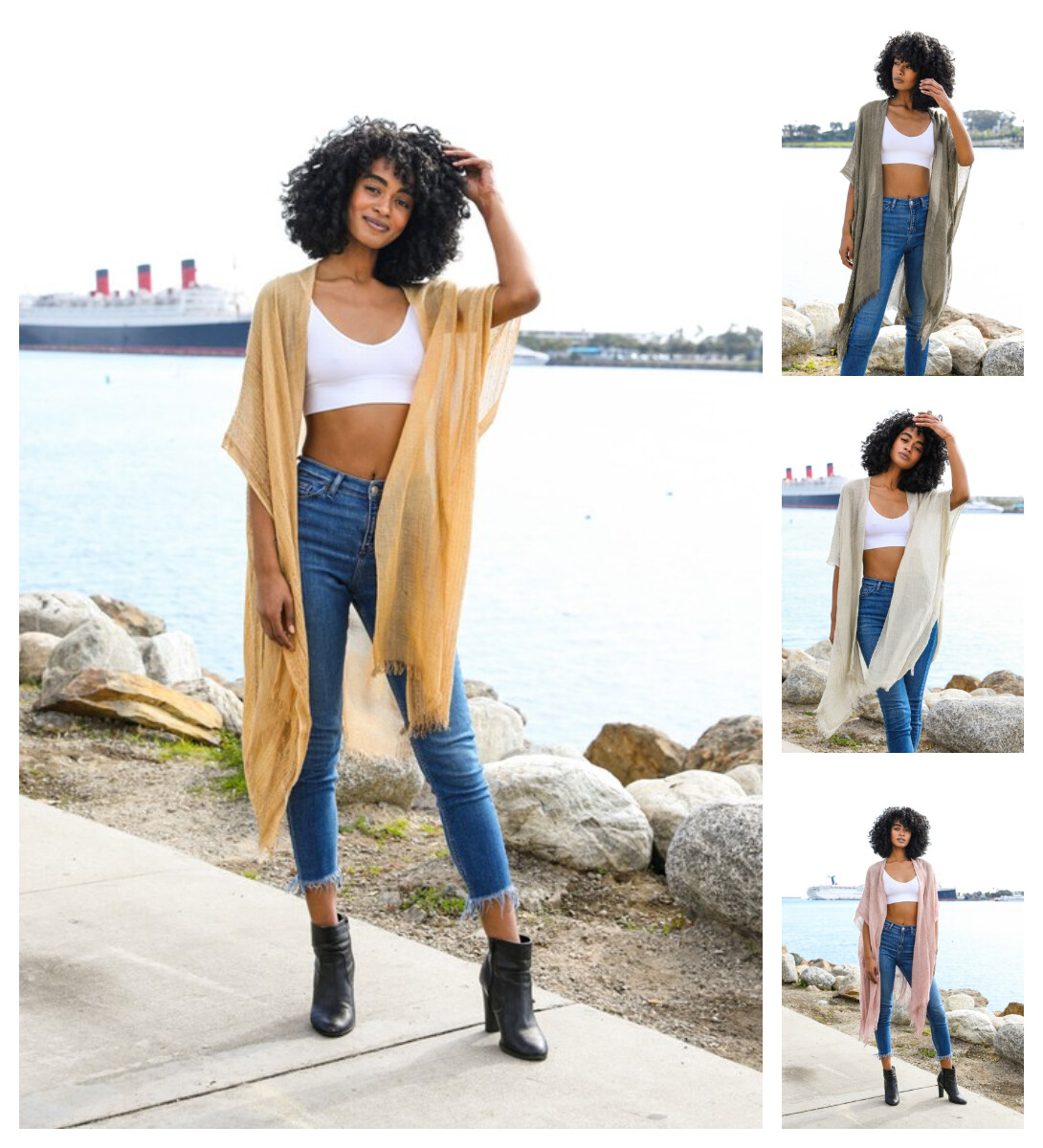 Womens Open Front Long Kimono Cardigan Sequin Frayed Trim High Low Boho Duster