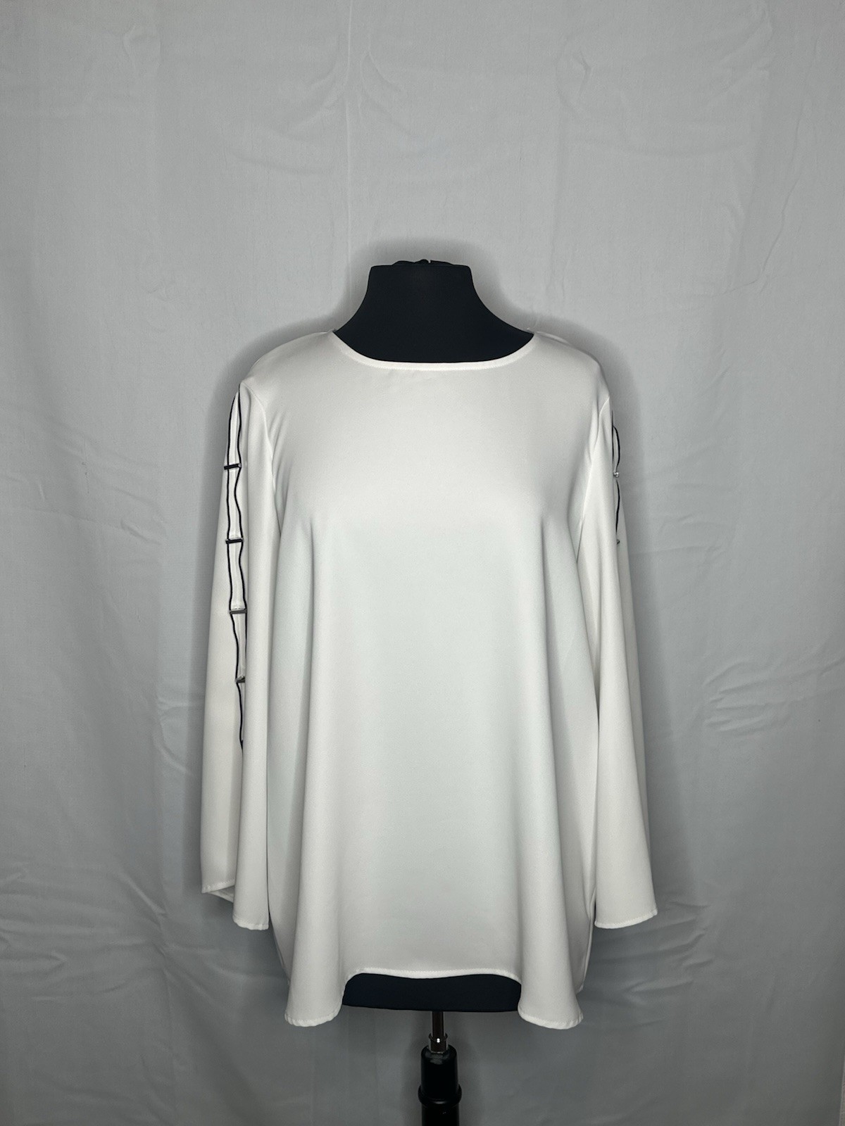 Alfani White Split Sleeve Blouse Silver Bar Hardware Black Piping Tunic Sz Large