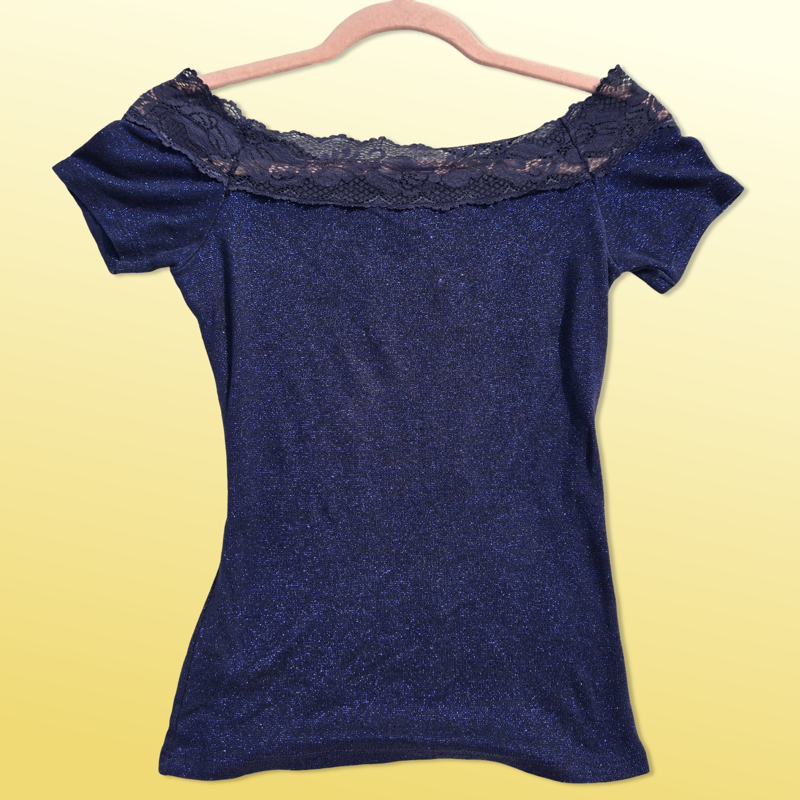 Y2K Morgan De Toi Top Size S Blue Glitter Off Shoulder Lace Trim Short Sleeve