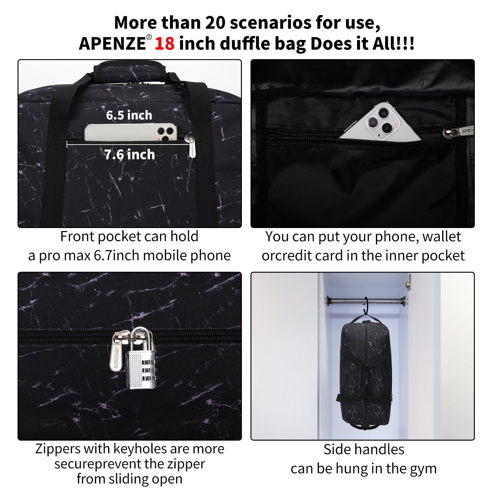 Small Gym Bag 18 inch Carry On Duffel Bag for Weekender Travel – Marble Black