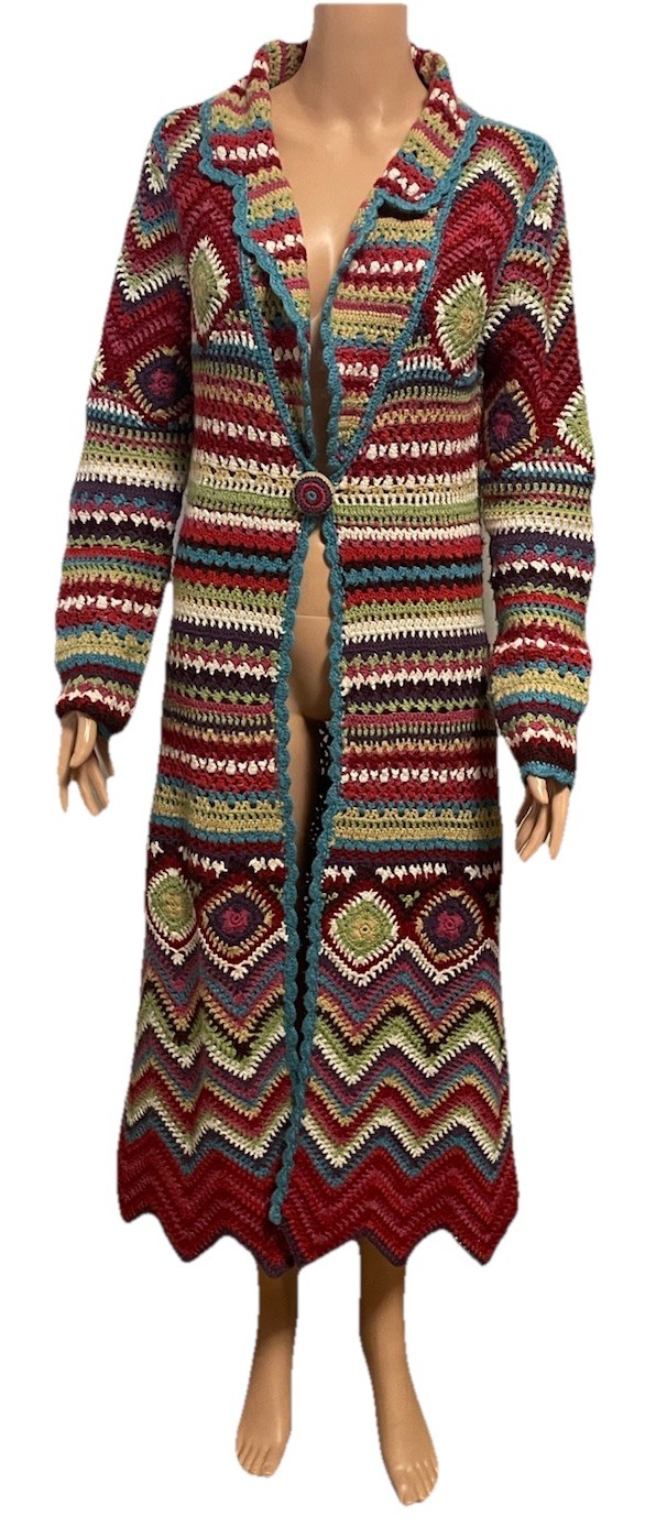 Monsoon Multicoloured Crochet Long Cardigan Size S/M (UK 10) Afghan Boho Hippie