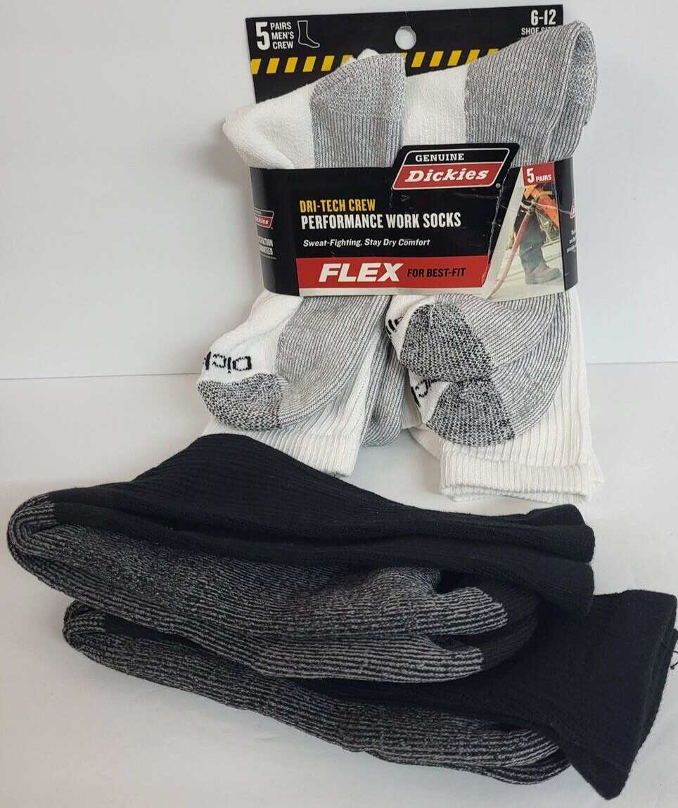 Dickies 6 Pack Dri-Tech Crew Performance Work Sock ~4 White & 2 Black~ Size 6-12
