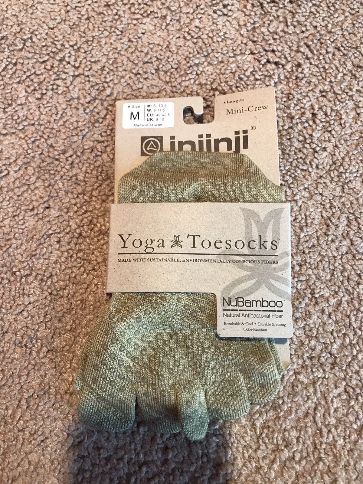 INJINJI Toe Socks Mini-Crew Medium NuBamboo Yoga M(8-10.5) W(9-11.5) Moss New