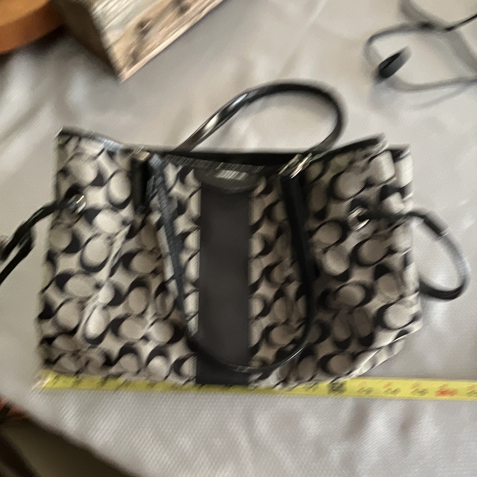 Coach Signature Logo Satchel Top Handle Zip Bag Black/White Silver Hardware