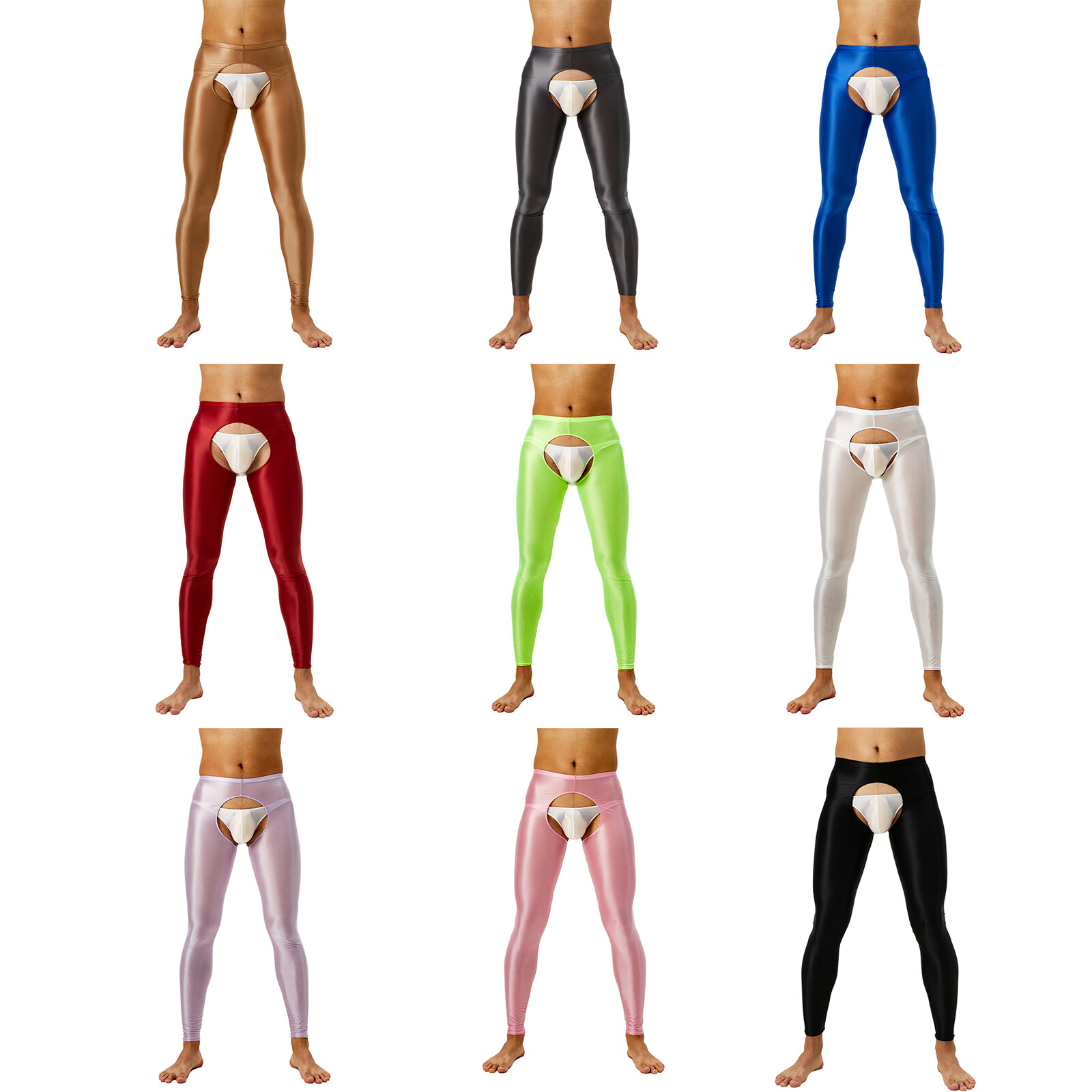 US YiZYiF Men Pantyhose Pants Shiny Open Crotch Tights Sheer Hot Pants Underwear