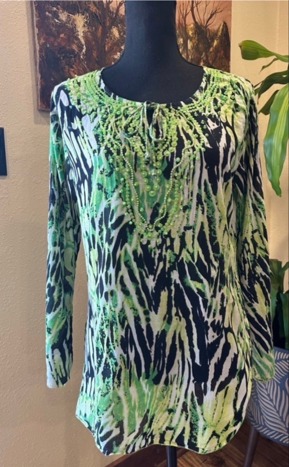 Jasmine Cotton Tunics Blouse M Green Animal Print Beaded Neckline Bell Sleeve