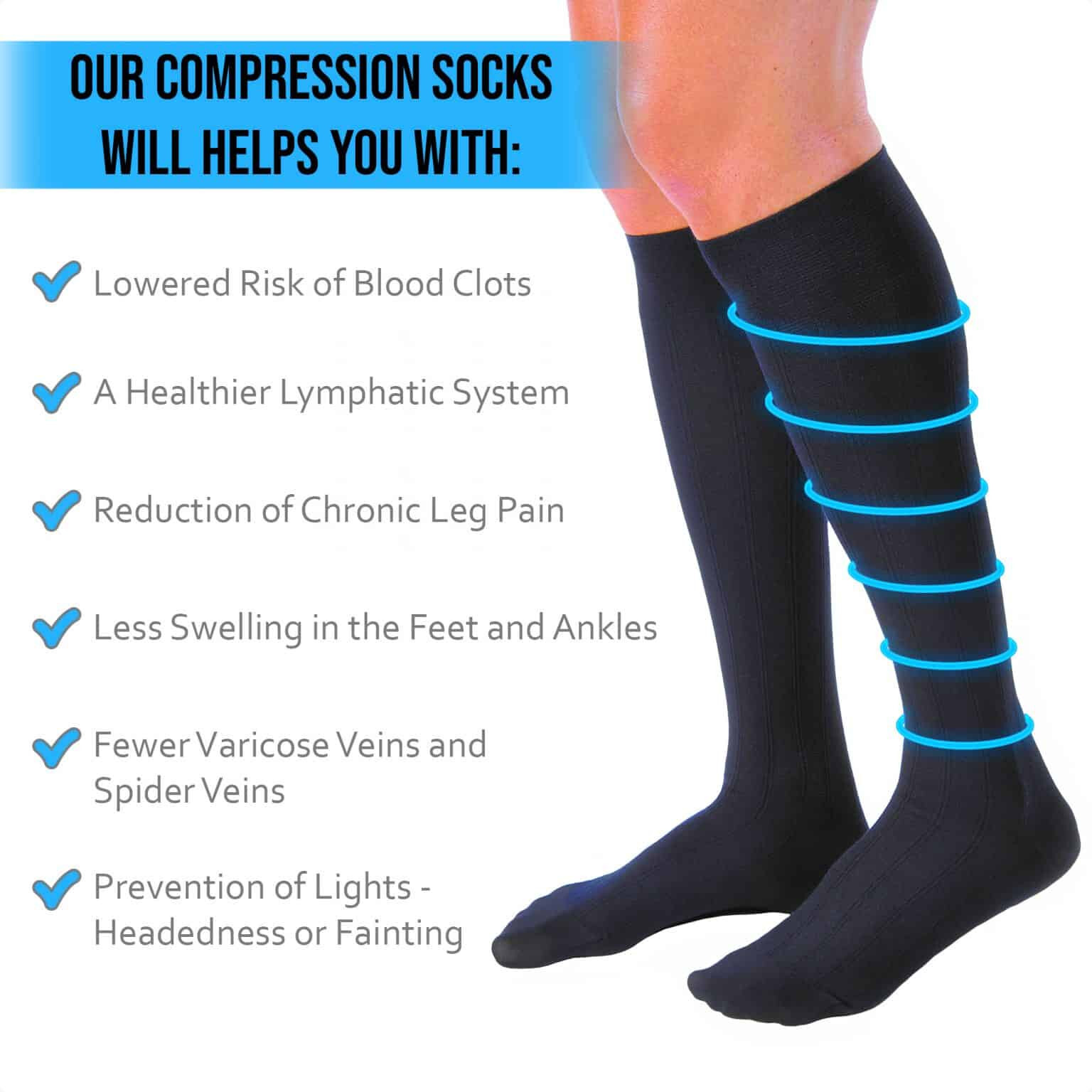 2 Pairs Mens Graduated Mild COMPRESSION 10-15 mmHg Over The Calf Black Socks