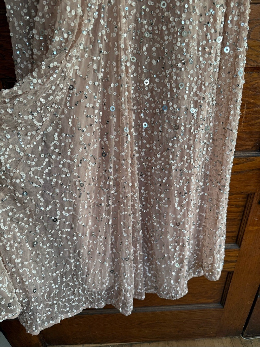 ADRIANNA PAPELL Scoop Back Sequin Maxi Gown Short Sleeve Full Length Blush Nude