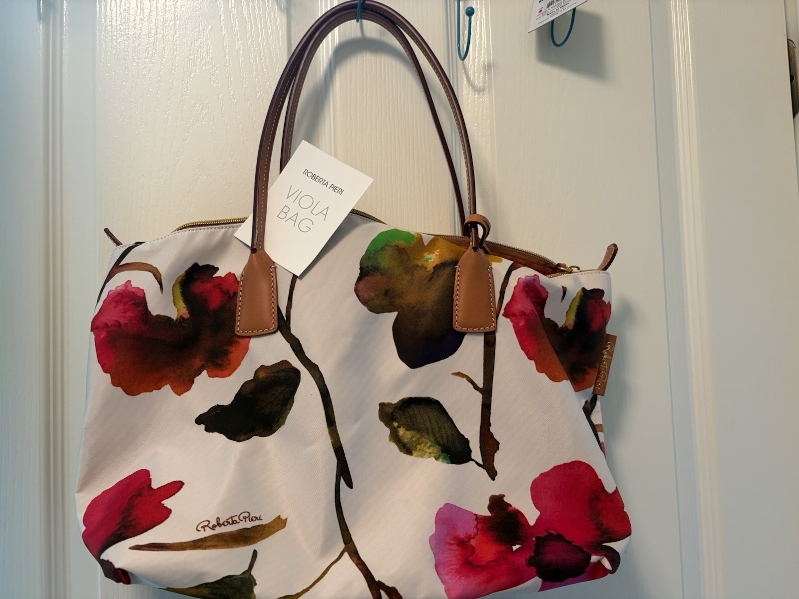 Roberta Pieri Floral Large Tote Bag Zip Top Double Handles White Multi