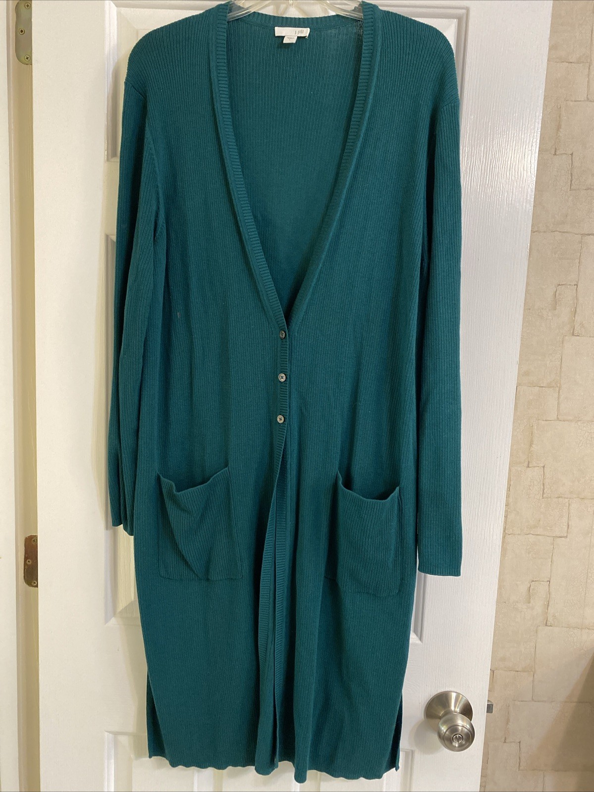 J. Jill Wearever Longline Cardigan Knit Sweater Green Sz L Rayon Blend