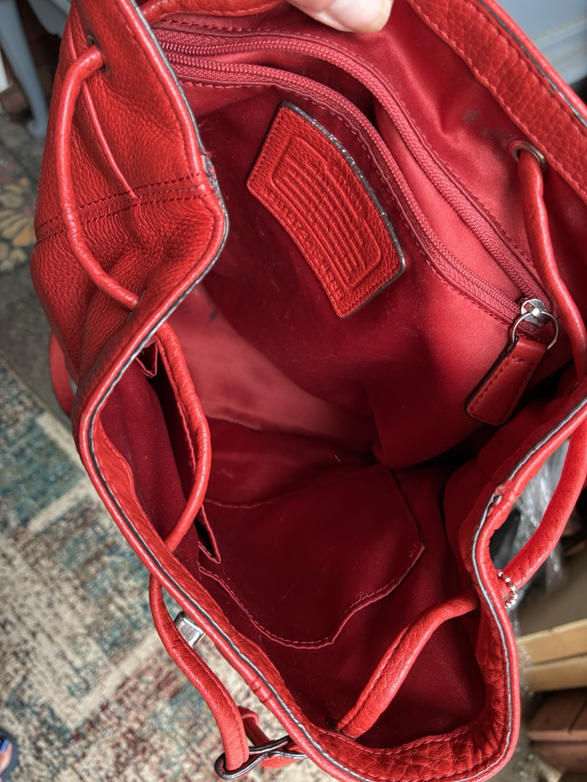 Coach Red Pebbled Drawstring Backpack Turn Lock Lined Inner Pockets Silver