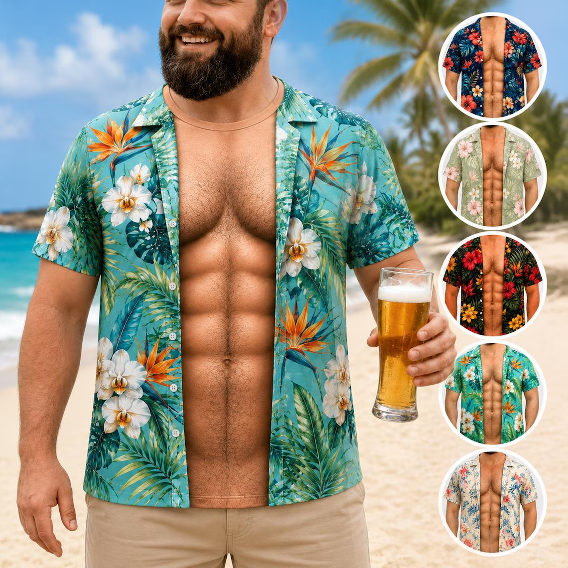 Funny, custom-designed muscle shirt for men, Hawaiian shirt illusion T-shirt