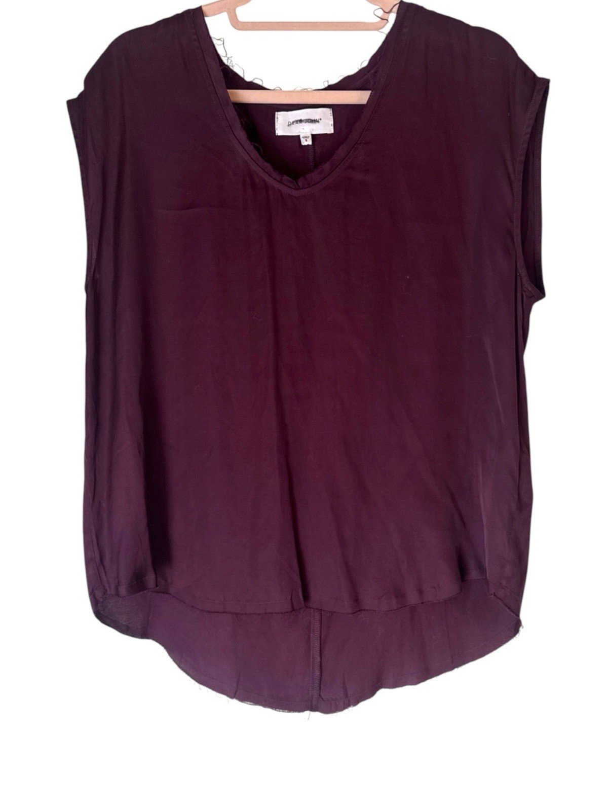 Dear John Women Small Deep Plum Tencel V-Neck Sleeveless Top Frayed Hem