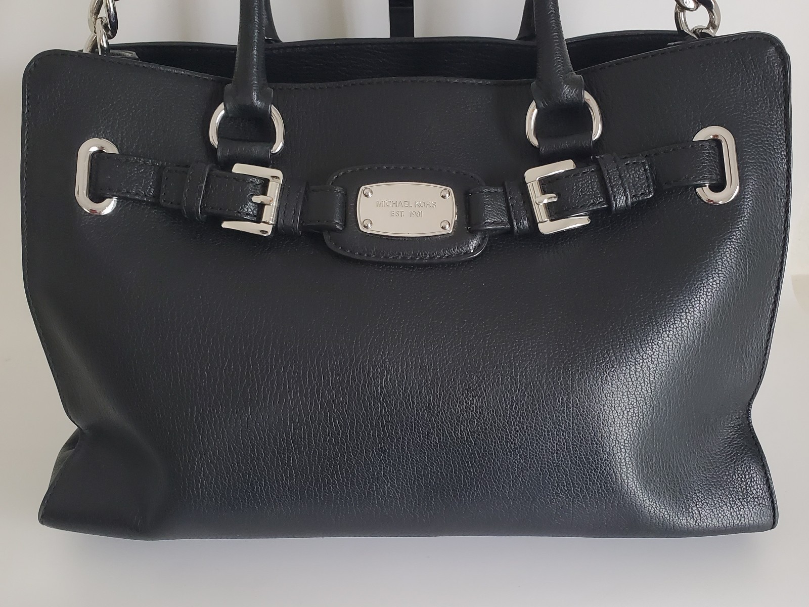 MK HAMILTON BLACK PEBBLED LEATHER SATCHEL HAND BAG SILVERSTONE HARDWARE MEDIUM
