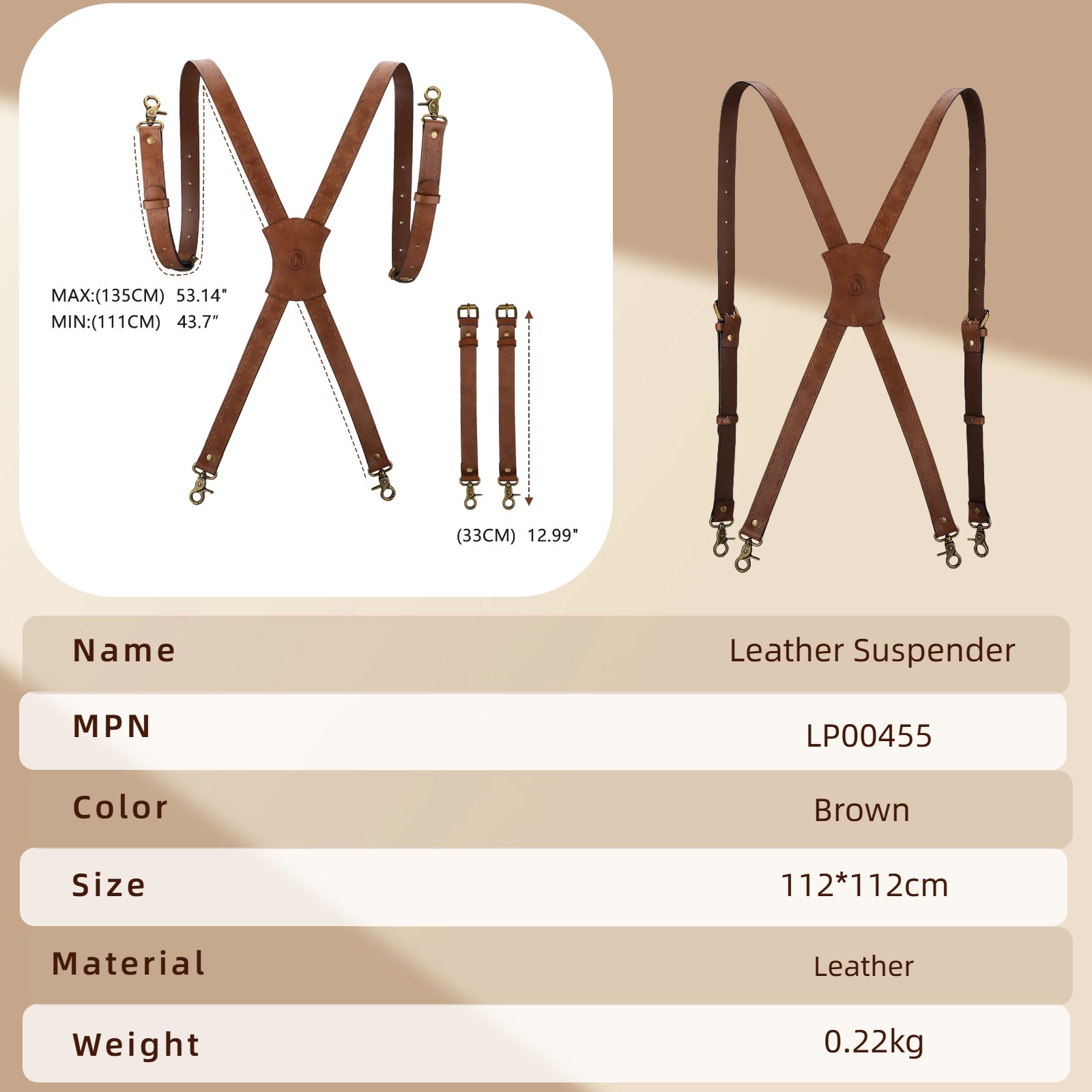 Vintage Leather X-Back Men Suspenders – Adjustable Heavy Duty Metal Hooks Casual