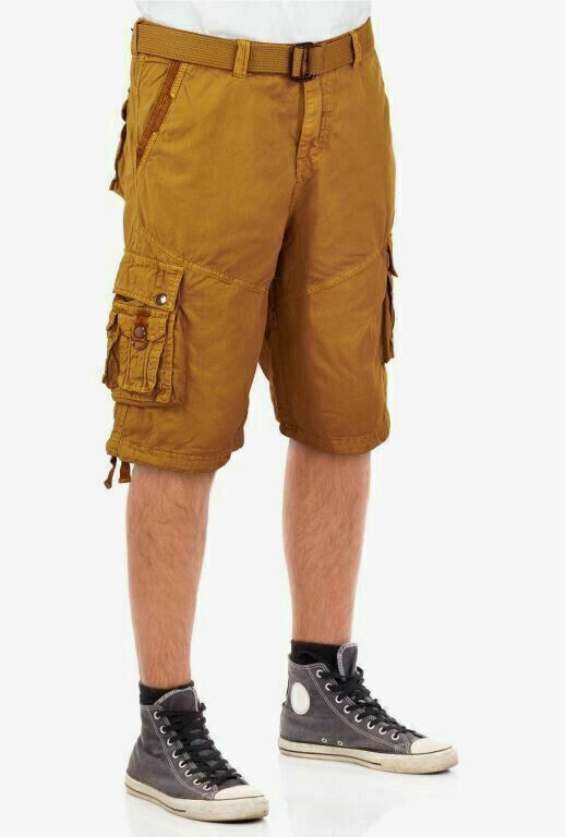 Mens Cargo Shorts Belt Dark Khaki Wash Leg Ties Steintex British Khaki Pockets