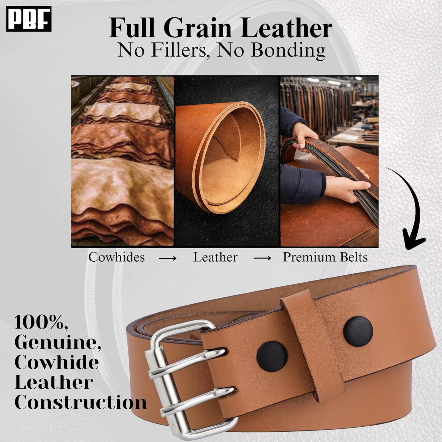 PBF Leather Belts for Men Heavy Duty 1.75 Inch Wide Double Prong, Casual, Full G
