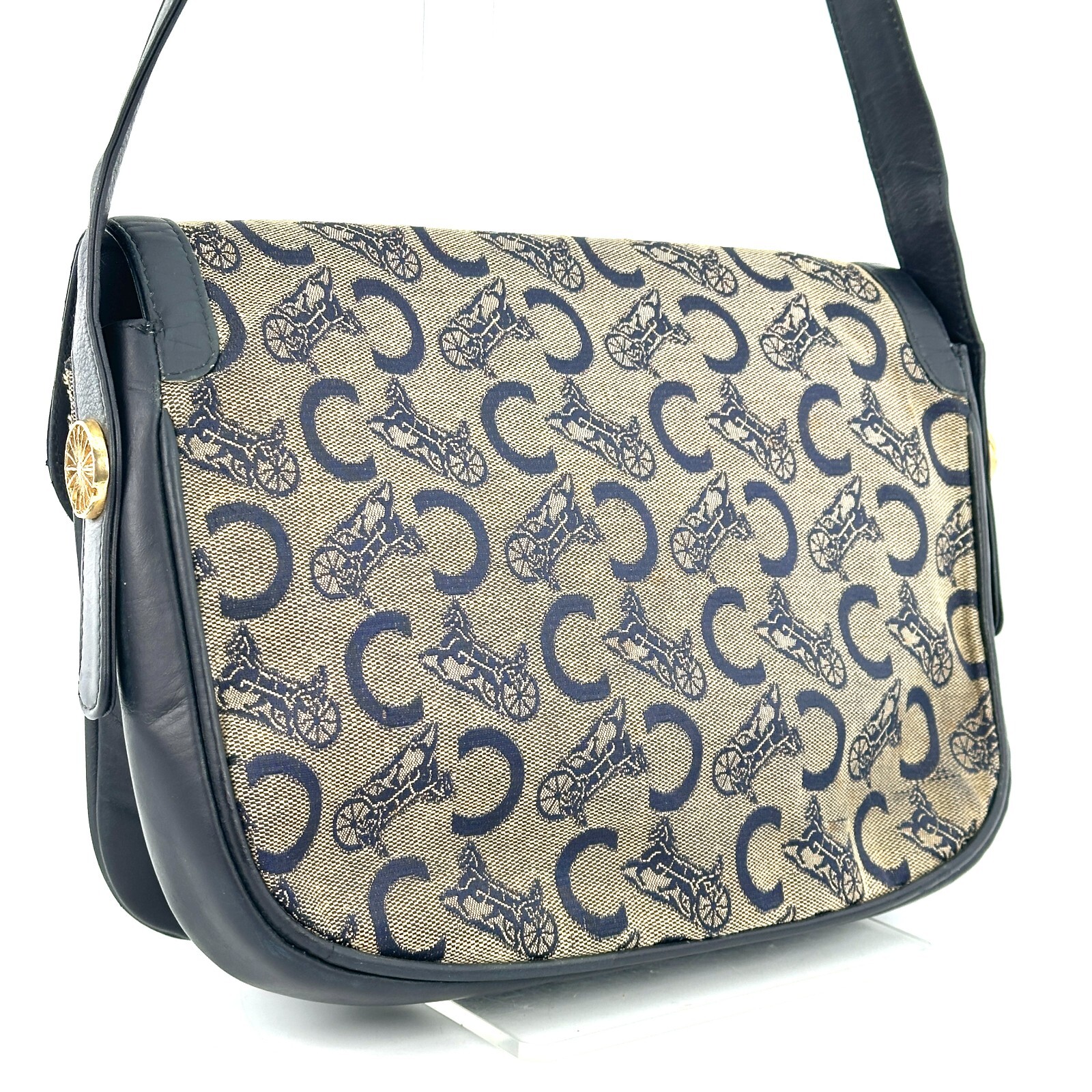 Vintage Celine Horse Carriage Macadam Shoulder Bag Navy Used Authentic [Rank B]