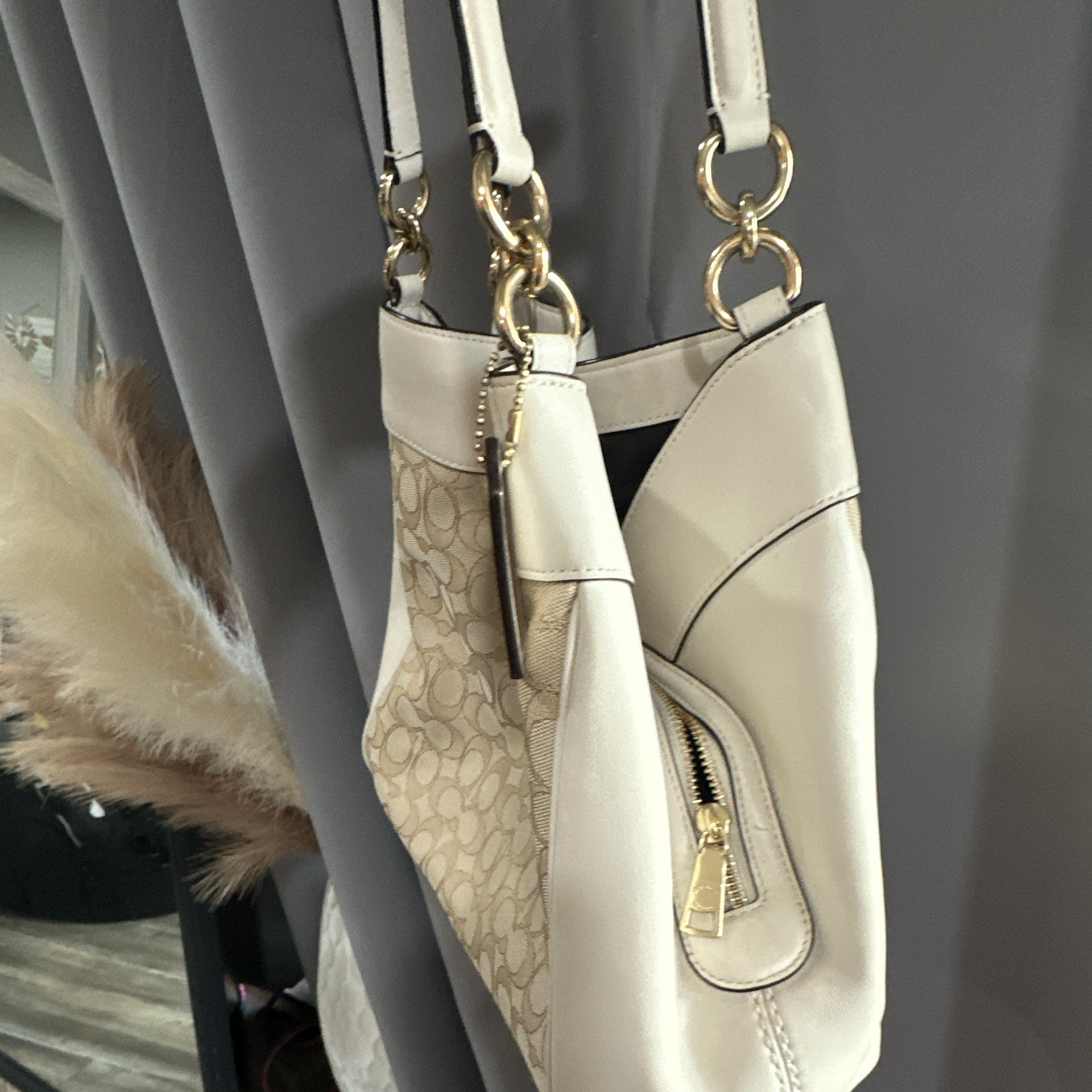 Coach Signature Logo Ivory/Beige Shoulder Bag Gold Hardware Zip w/ Bag Charm