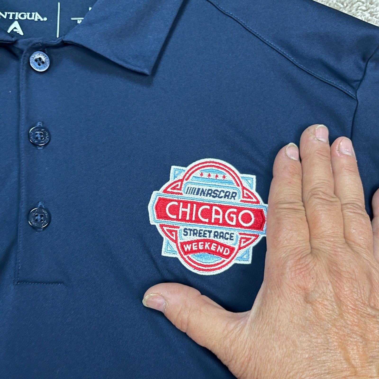 Antigua Polo Shirt Men Medium Navy Blue Short Sleeve 3 Button Placket NASCAR EUC