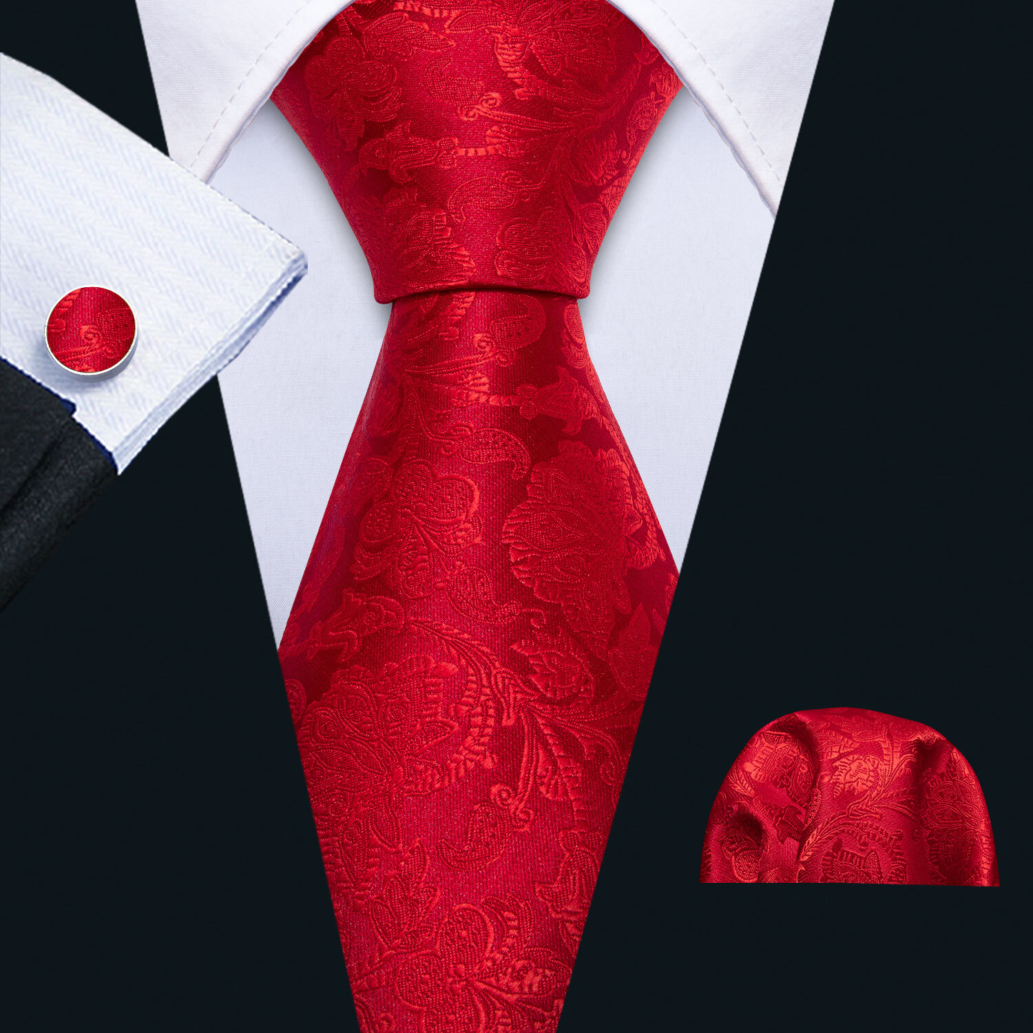 Barry Wang Fashion Mens Tie Red Floral Necktie Handkerchief Cufflinks Set Party
