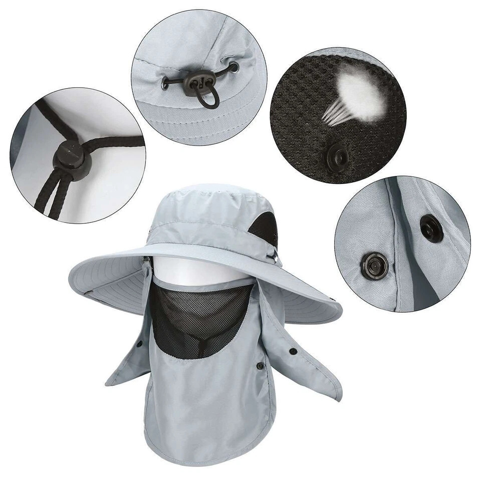 Fishing Hat UV Sun Protection Wide Brim Hat w/ Face Cover & Neck Flap Unisex USA