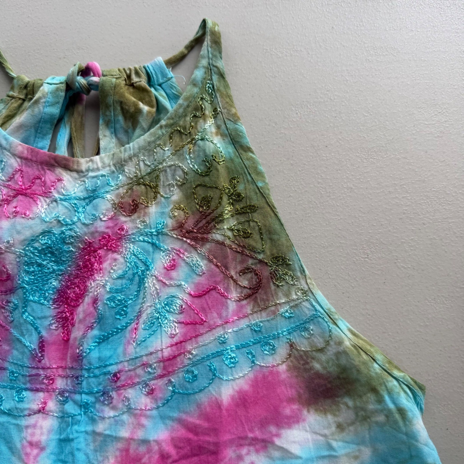 India Boutique One Size Pink Blue Green TieDye Embroider Halter Mini Dress Beach