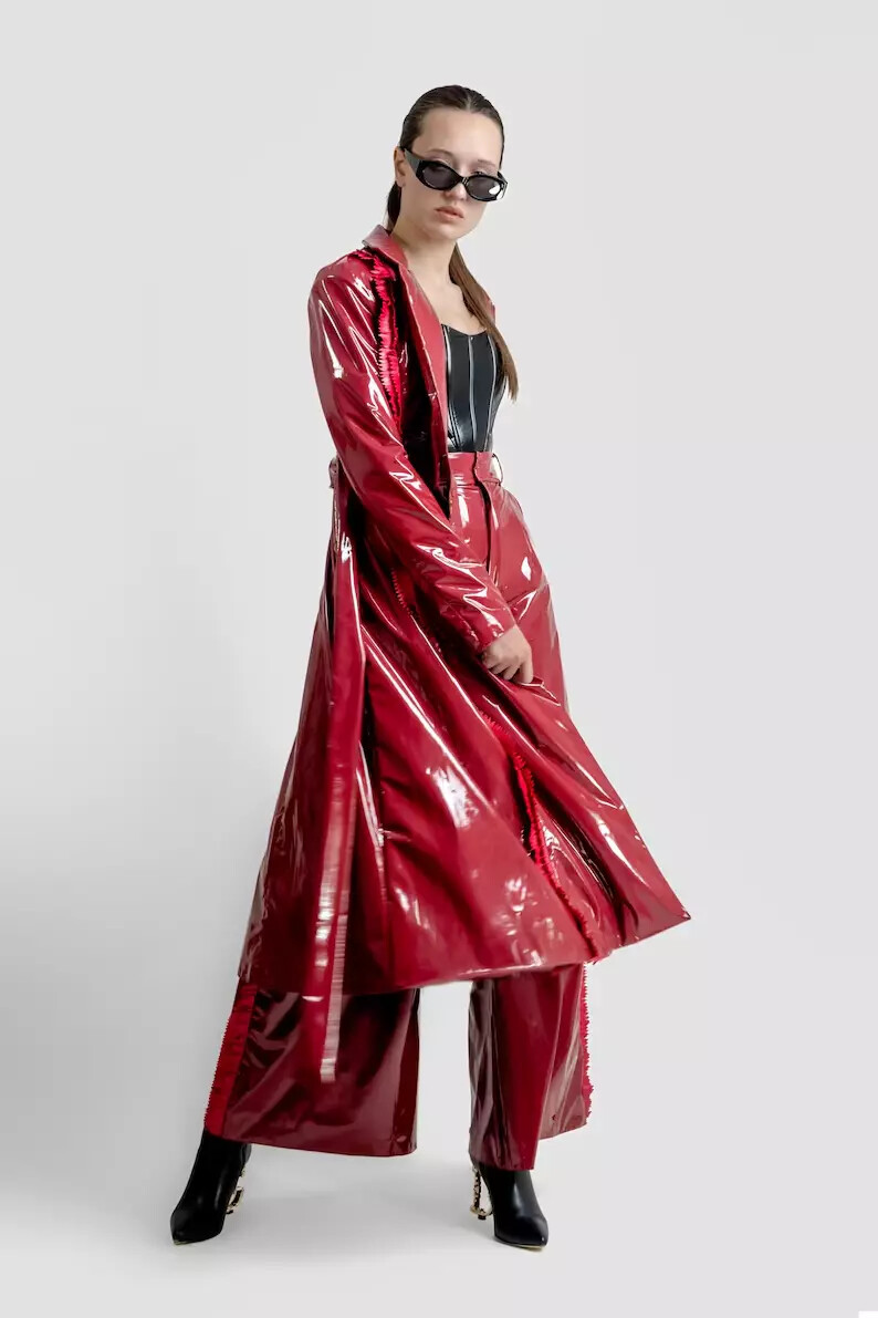 Women Red Vinyl Glossy Waterproof Shinny pants