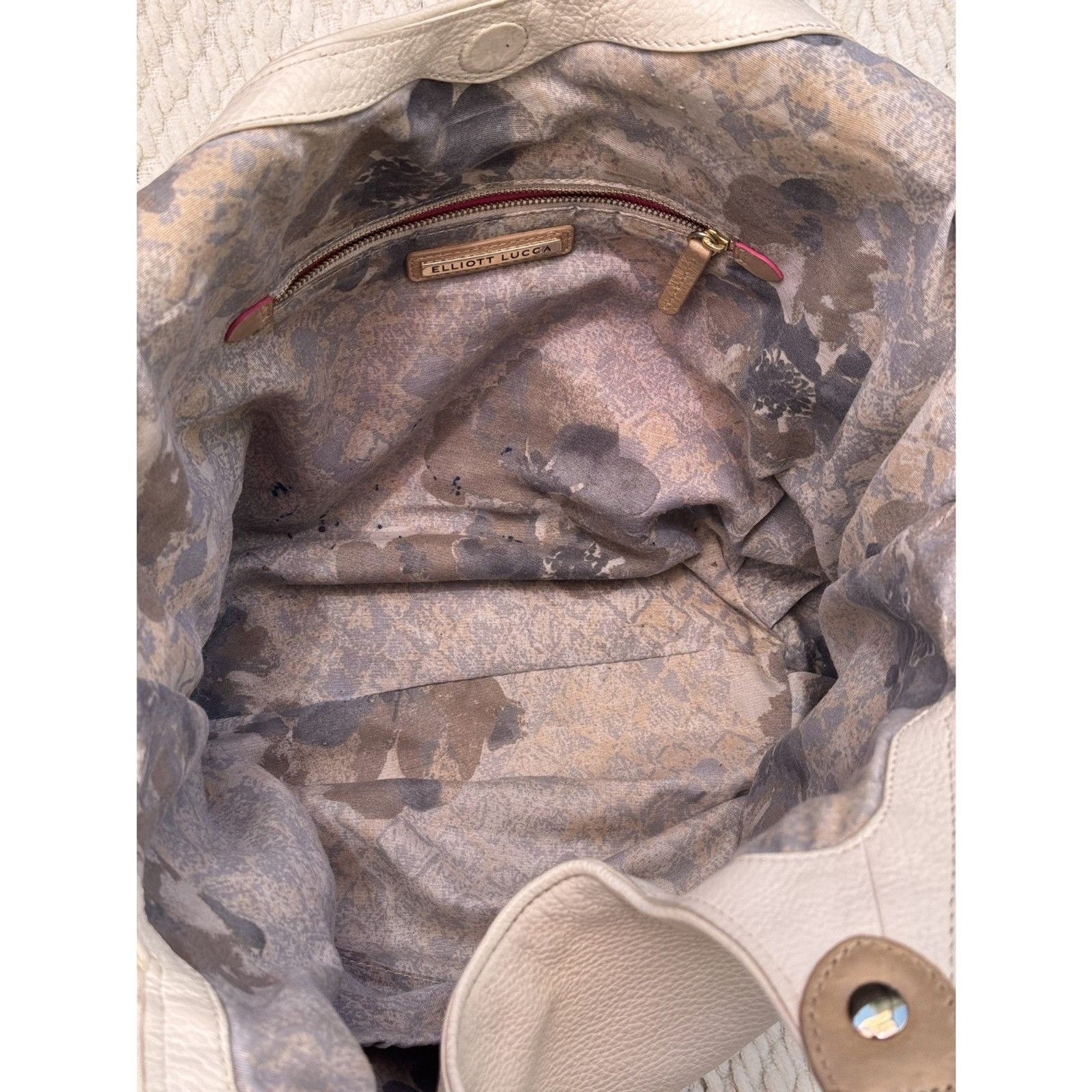 Elliott Luca Leather Cream Studded Zippered Pebbled Hobo Large Barnie Handbag