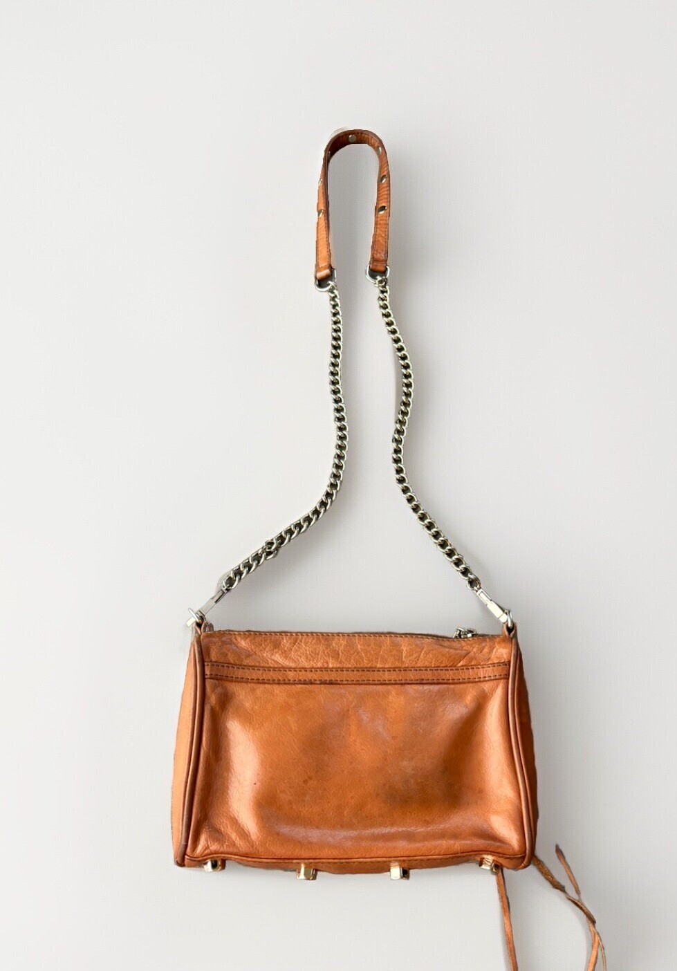 Rebecca Minkoff Mini Mac Brown Leather Crossbody Purse Bag Moto Gold Boho Chain