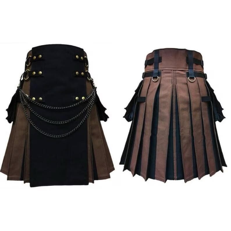 Men’s Black Brown Tactical Hybrid Kilt Scottish Utility Gothic Fashion Kilts