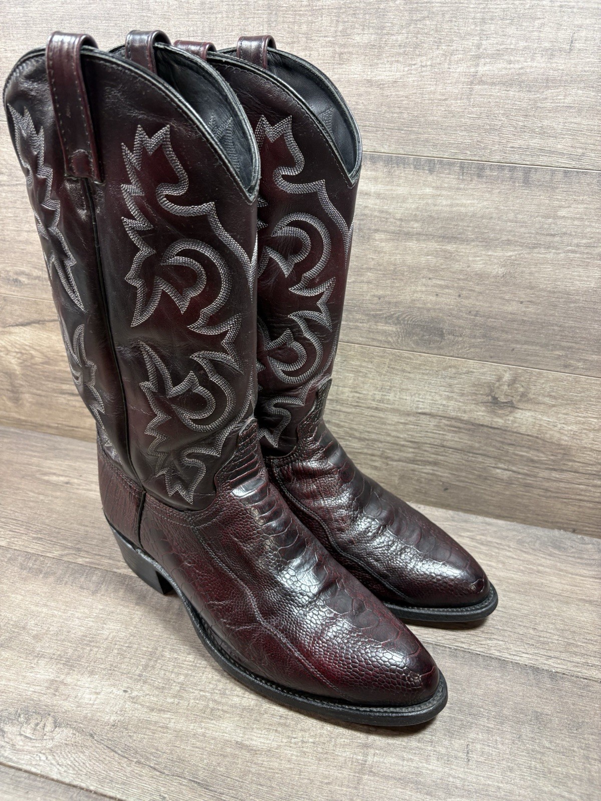 J Chisholm Genuine Ostrich Skin Cowboy Boots Burgundy Leather Mens Size 10.5 D