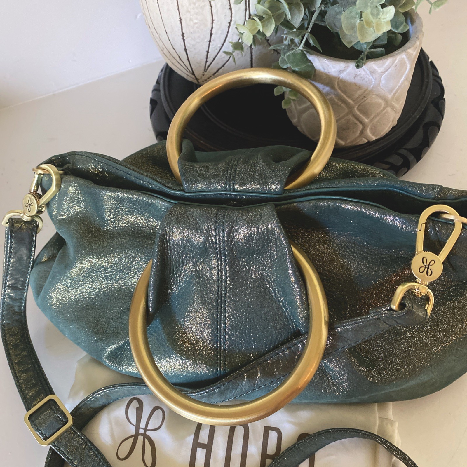RARE Hobo Sheila Evergreen Shimmer Satchel Bag With Dust Bag NICE!