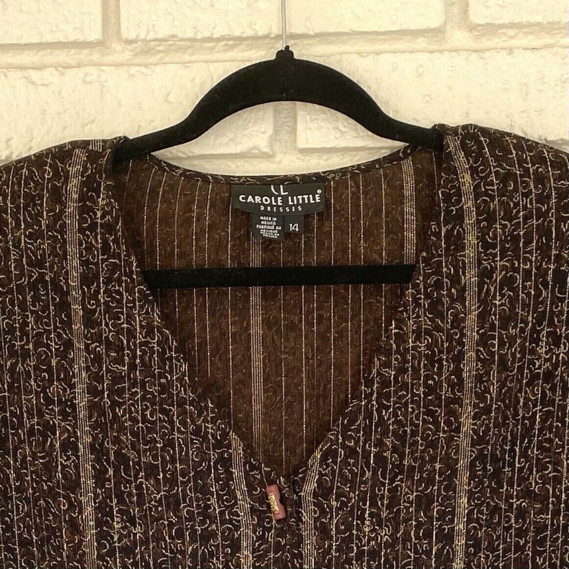 CAROLE LITTLE CL Jacket Top Tunic Size 14 Brown Black Gold Thread Rayon Vtg