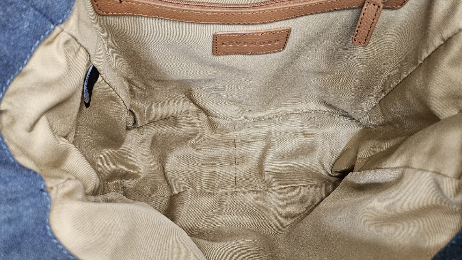 LEVENGER Blue Navy Dark Denim Canvas Brown Leather Medium Pocket Tote Bag Purse