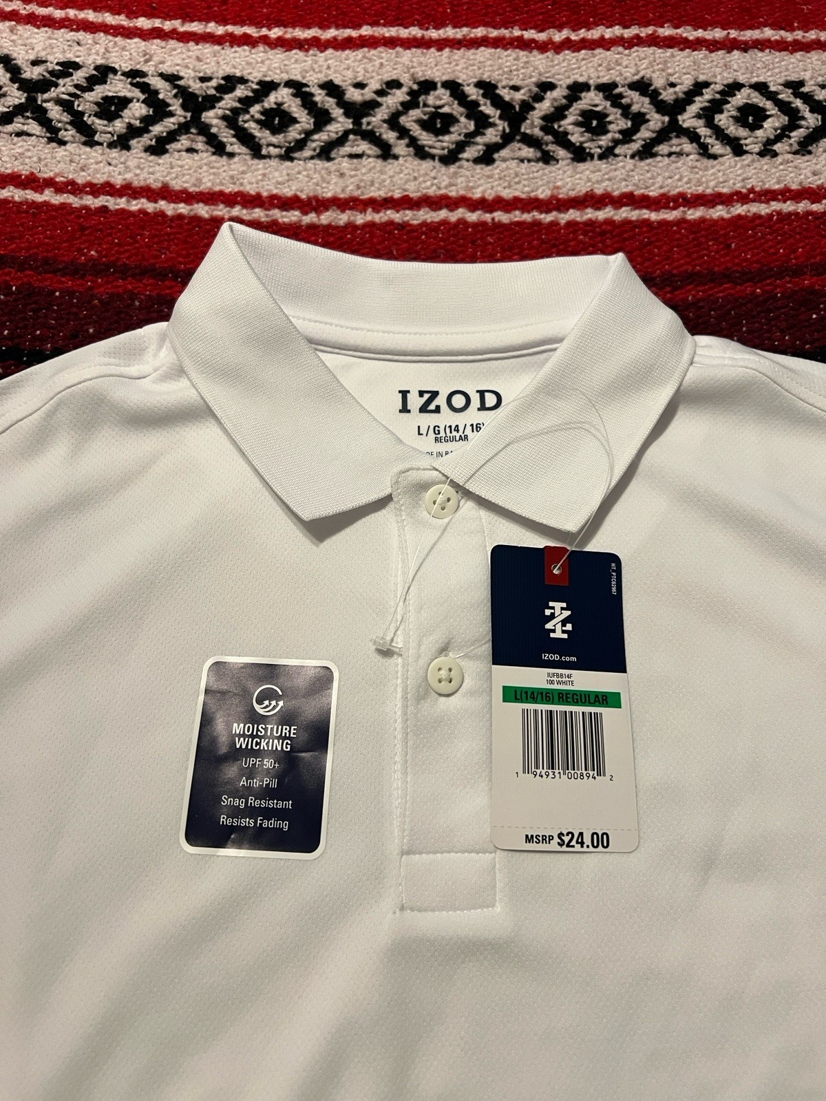 IZOD Youth L White Performance Polo Shirt Golf Tennis Moisture Wicking