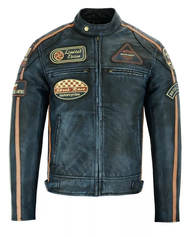 Mens British Motorcycle Black Wax Leather Badges Jacket Biker Tan Green Striped