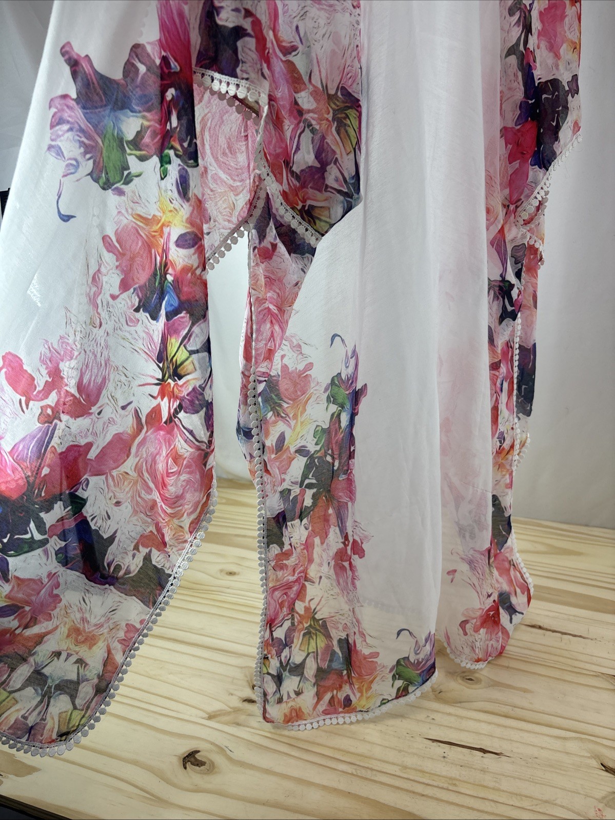 Womens Sheer Floral Kimono Cover Up White Watercolor Open Front Beach Swim OS