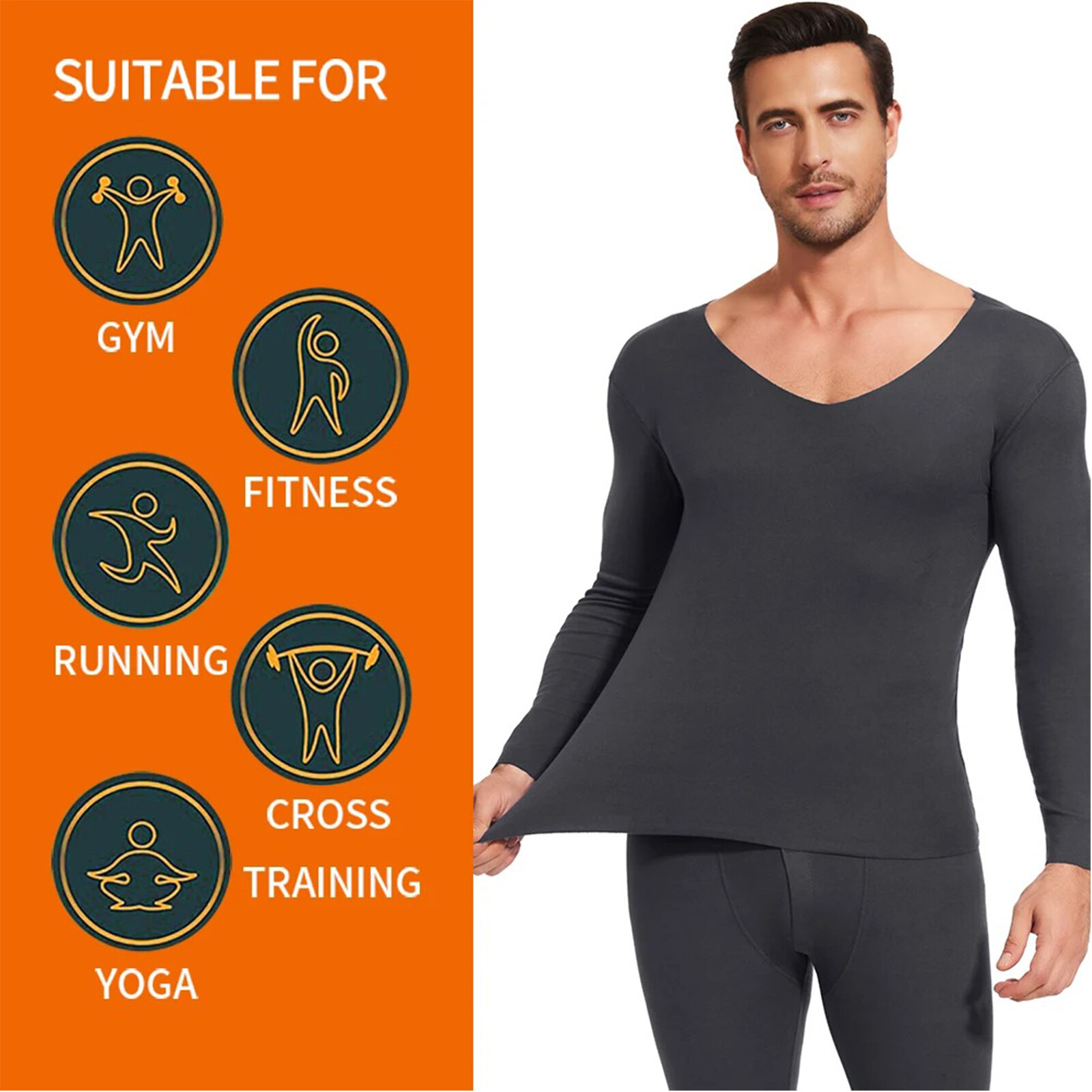 Men Thermal Warm Underwear V Neck Soft Fleece Lined Long Johns Set Top & Bottom