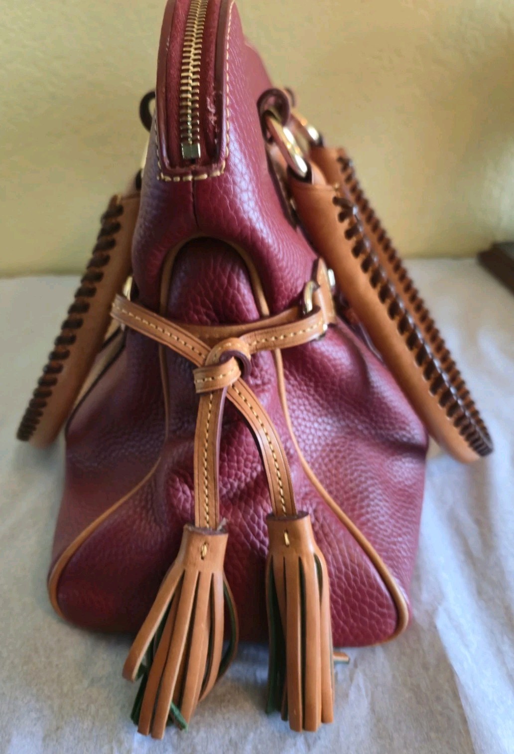 Dooney & Bourke Red Satchel Top Handle Zip Tassel Gold Hardware Bottom Studs