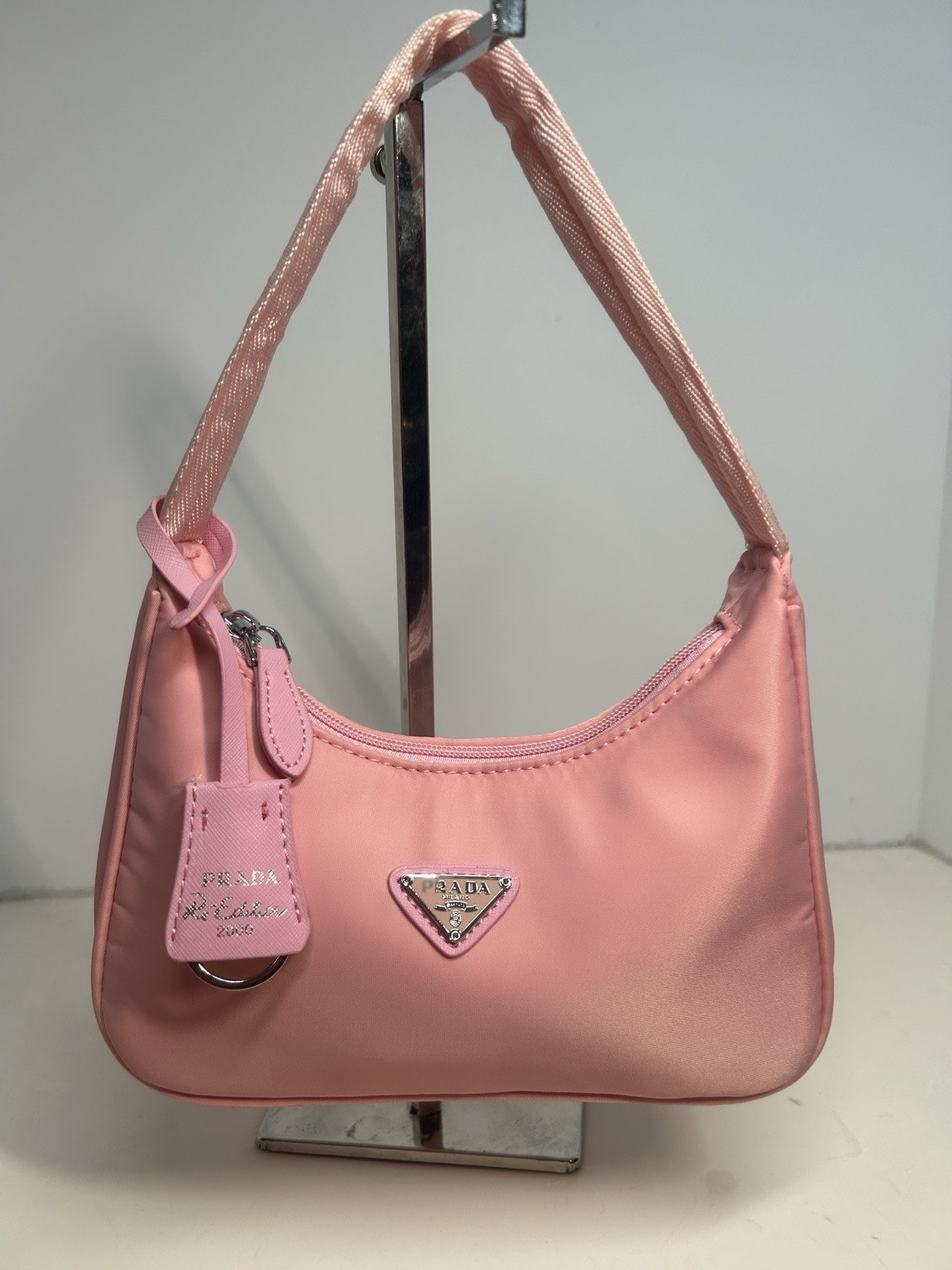 PRADA Pink Shoulder Bag with Logo Plaque Zip Closure Silver Hardware Charm