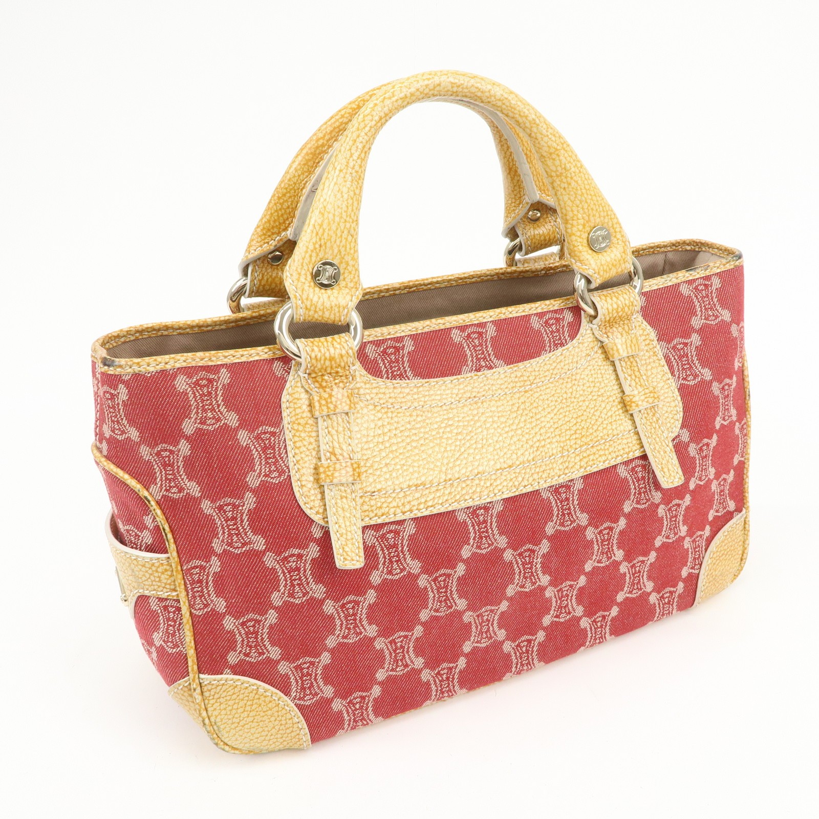 CELINE Macadam Boogie Canvas Leather Hand Bag Red Beige Authentic Used F/S