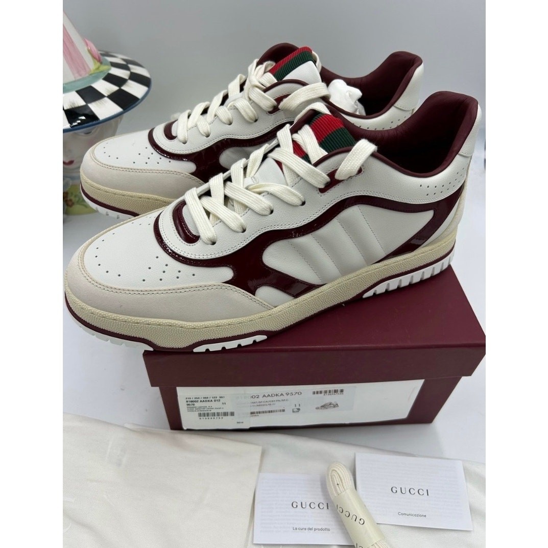 Men’s Gucci re-web sneakers in white leather and patent trim sz 11 fits 11.5 US